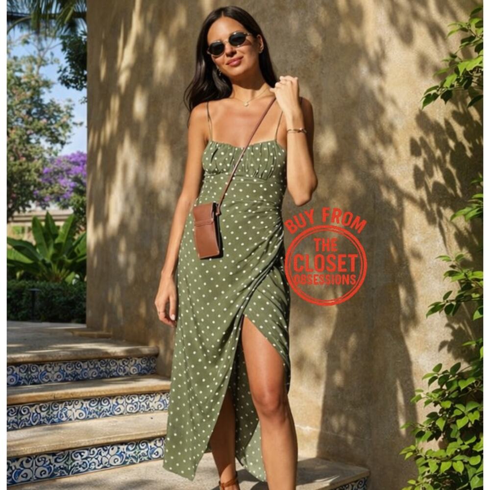 ZARA Olive Green Polka Dot Ruched Midi Dress NWT Cottagecore